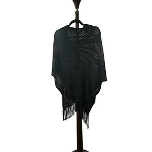Black Fringe Poncho Blue Ice Knit Cover Up Small Medium‎ S-M